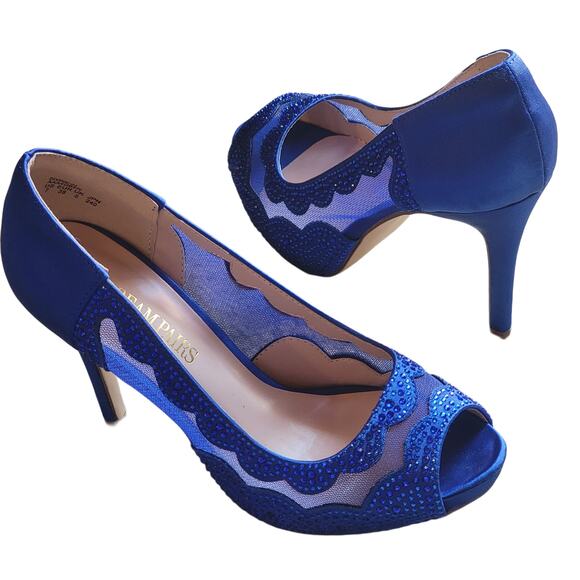 Blue Satin Open Toe Beaded Stiletto High Heel Pump Shoes 7 - Picture 2 of 7